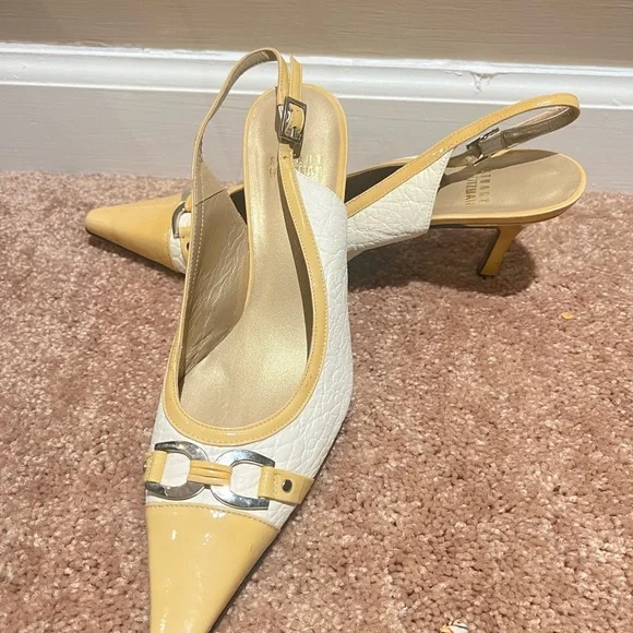 stuart Weitzman White and Yellow Slingback Heels - Picture 1 of 8